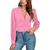 imageLYANER Womens Deep V Neck Pleated Ruched Sheer Puff Long Sleeve Bodysuit Leotard TopPink