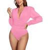 imageLYANER Womens Deep V Neck Pleated Ruched Sheer Puff Long Sleeve Bodysuit Leotard TopPink