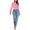 imageLYANER Womens Deep V Neck Pleated Ruched Sheer Puff Long Sleeve Bodysuit Leotard TopPink