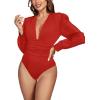 imageLYANER Womens Deep V Neck Pleated Ruched Sheer Puff Long Sleeve Bodysuit Leotard TopRed