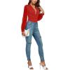 imageLYANER Womens Deep V Neck Pleated Ruched Sheer Puff Long Sleeve Bodysuit Leotard TopRed