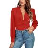 imageLYANER Womens Deep V Neck Pleated Ruched Sheer Puff Long Sleeve Bodysuit Leotard TopRed