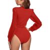 imageLYANER Womens Deep V Neck Pleated Ruched Sheer Puff Long Sleeve Bodysuit Leotard TopRed