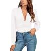 imageLYANER Womens Deep V Neck Pleated Ruched Sheer Puff Long Sleeve Bodysuit Leotard TopWhite
