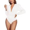 imageLYANER Womens Deep V Neck Pleated Ruched Sheer Puff Long Sleeve Bodysuit Leotard TopWhite