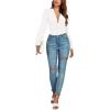 imageLYANER Womens Deep V Neck Pleated Ruched Sheer Puff Long Sleeve Bodysuit Leotard TopWhite