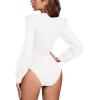 imageLYANER Womens Deep V Neck Pleated Ruched Sheer Puff Long Sleeve Bodysuit Leotard TopWhite