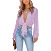 imageLYANER Womens Deep V Neck Tie Knot Front Long Sleeve Sexy Wrap Cover Ups Crop Top Blouse Light Purple XLarge