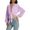 imageLYANER Womens Deep V Neck Tie Knot Front Long Sleeve Sexy Wrap Cover Ups Crop Top Blouse Light Purple XLarge