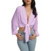 imageLYANER Womens Deep V Neck Tie Knot Front Long Sleeve Sexy Wrap Cover Ups Crop Top Blouse Light Purple XLarge