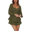 imageLYANER Womens Jumpsuit Lantern Long Sleeve Ruffle Layer Tie Mini Short RomperArmy Green