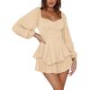 imageLYANER Womens Jumpsuit Lantern Long Sleeve Ruffle Layer Tie Mini Short RomperBeige