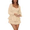 imageLYANER Womens Jumpsuit Lantern Long Sleeve Ruffle Layer Tie Mini Short RomperBeige