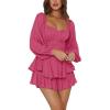 imageLYANER Womens Jumpsuit Lantern Long Sleeve Ruffle Layer Tie Mini Short RomperBright Rose