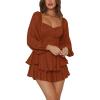 imageLYANER Womens Jumpsuit Lantern Long Sleeve Ruffle Layer Tie Mini Short RomperCaramel