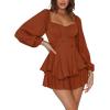 imageLYANER Womens Jumpsuit Lantern Long Sleeve Ruffle Layer Tie Mini Short RomperCaramel