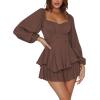 imageLYANER Womens Jumpsuit Lantern Long Sleeve Ruffle Layer Tie Mini Short RomperDark Brown