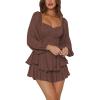 imageLYANER Womens Jumpsuit Lantern Long Sleeve Ruffle Layer Tie Mini Short RomperDark Brown