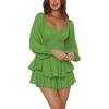 imageLYANER Womens Jumpsuit Lantern Long Sleeve Ruffle Layer Tie Mini Short RomperGrass Green
