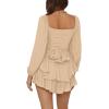 imageLYANER Womens Jumpsuit Lantern Long Sleeve Ruffle Layer Tie Mini Short RomperKhaki