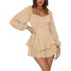 imageLYANER Womens Jumpsuit Lantern Long Sleeve Ruffle Layer Tie Mini Short RomperKhaki
