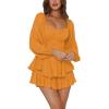 imageLYANER Womens Jumpsuit Lantern Long Sleeve Ruffle Layer Tie Mini Short RomperOrange