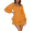 imageLYANER Womens Jumpsuit Lantern Long Sleeve Ruffle Layer Tie Mini Short RomperOrange