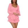 imageLYANER Womens Jumpsuit Lantern Long Sleeve Ruffle Layer Tie Mini Short RomperPink