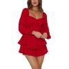 imageLYANER Womens Jumpsuit Lantern Long Sleeve Ruffle Layer Tie Mini Short RomperRed