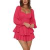 imageLYANER Womens Jumpsuit Lantern Long Sleeve Ruffle Layer Tie Mini Short RomperRose Red