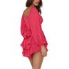 imageLYANER Womens Jumpsuit Lantern Long Sleeve Ruffle Layer Tie Mini Short RomperRose Red