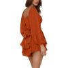 imageLYANER Womens Jumpsuit Lantern Long Sleeve Ruffle Layer Tie Mini Short RomperSolid Brown