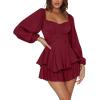 imageLYANER Womens Jumpsuit Lantern Long Sleeve Ruffle Layer Tie Mini Short RomperWine Red