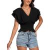 imageLYANER Womens V Neck Shirred Elastic Waist Layer Ruffle Trim Short Sleeve Crop Blouse Shirt TopBlack