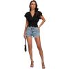 imageLYANER Womens V Neck Shirred Elastic Waist Layer Ruffle Trim Short Sleeve Crop Blouse Shirt TopBlack