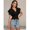 imageLYANER Womens V Neck Shirred Elastic Waist Layer Ruffle Trim Short Sleeve Crop Blouse Shirt TopBlack