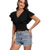 imageLYANER Womens V Neck Shirred Elastic Waist Layer Ruffle Trim Short Sleeve Crop Blouse Shirt TopBlack