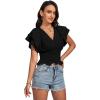 imageLYANER Womens V Neck Shirred Elastic Waist Layer Ruffle Trim Short Sleeve Crop Blouse Shirt TopBlack