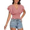 imageLYANER Womens V Neck Shirred Elastic Waist Layer Ruffle Trim Short Sleeve Crop Blouse Shirt TopDusty Pink