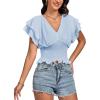 imageLYANER Womens V Neck Shirred Elastic Waist Layer Ruffle Trim Short Sleeve Crop Blouse Shirt TopLight Blue