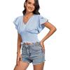 imageLYANER Womens V Neck Shirred Elastic Waist Layer Ruffle Trim Short Sleeve Crop Blouse Shirt TopLight Blue