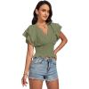 imageLYANER Womens V Neck Shirred Elastic Waist Layer Ruffle Trim Short Sleeve Crop Blouse Shirt TopPea Green
