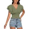 imageLYANER Womens V Neck Shirred Elastic Waist Layer Ruffle Trim Short Sleeve Crop Blouse Shirt TopPea Green