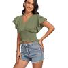 imageLYANER Womens V Neck Shirred Elastic Waist Layer Ruffle Trim Short Sleeve Crop Blouse Shirt TopPea Green