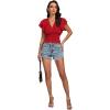 imageLYANER Womens V Neck Shirred Elastic Waist Layer Ruffle Trim Short Sleeve Crop Blouse Shirt TopRed