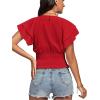 imageLYANER Womens V Neck Shirred Elastic Waist Layer Ruffle Trim Short Sleeve Crop Blouse Shirt TopRed