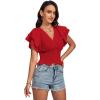 imageLYANER Womens V Neck Shirred Elastic Waist Layer Ruffle Trim Short Sleeve Crop Blouse Shirt TopRed