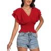 imageLYANER Womens V Neck Shirred Elastic Waist Layer Ruffle Trim Short Sleeve Crop Blouse Shirt TopRed