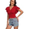 imageLYANER Womens V Neck Shirred Elastic Waist Layer Ruffle Trim Short Sleeve Crop Blouse Shirt TopRed