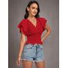 imageLYANER Womens V Neck Shirred Elastic Waist Layer Ruffle Trim Short Sleeve Crop Blouse Shirt TopRed